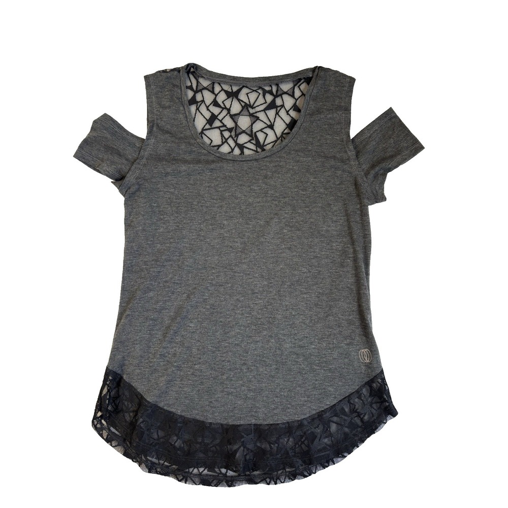 Women's Med Gray Black Lace Panel Cold Shoulder Shirt Y2K‎ 90's Soft Romantic